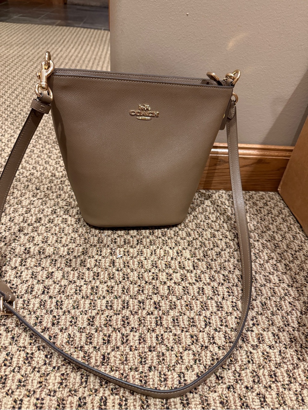 Coach Taupe Pebble Leather Bucket Crossbody with Gold Hardware